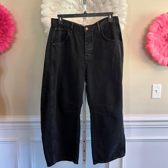 Free People We The Free Lucky You Mid Rise Barrel Soundwave Black Jeans 31 - Picture 2 of 6